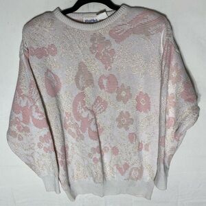 Vintage Stratford White Pink Floral Knit Crew Neck Sweater M